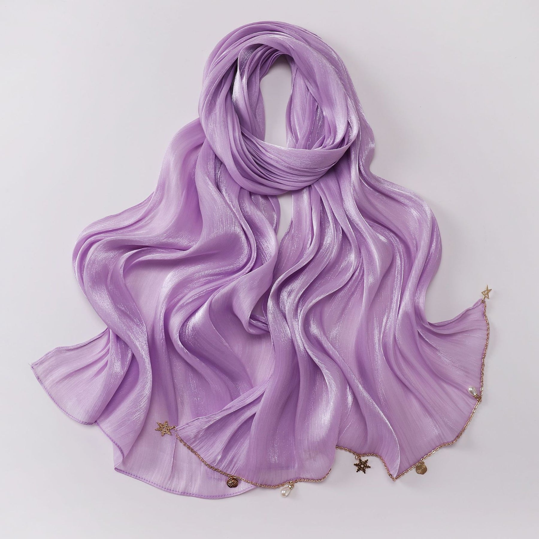260302  Sea Island Silk Long Hijab with Handmade Chain