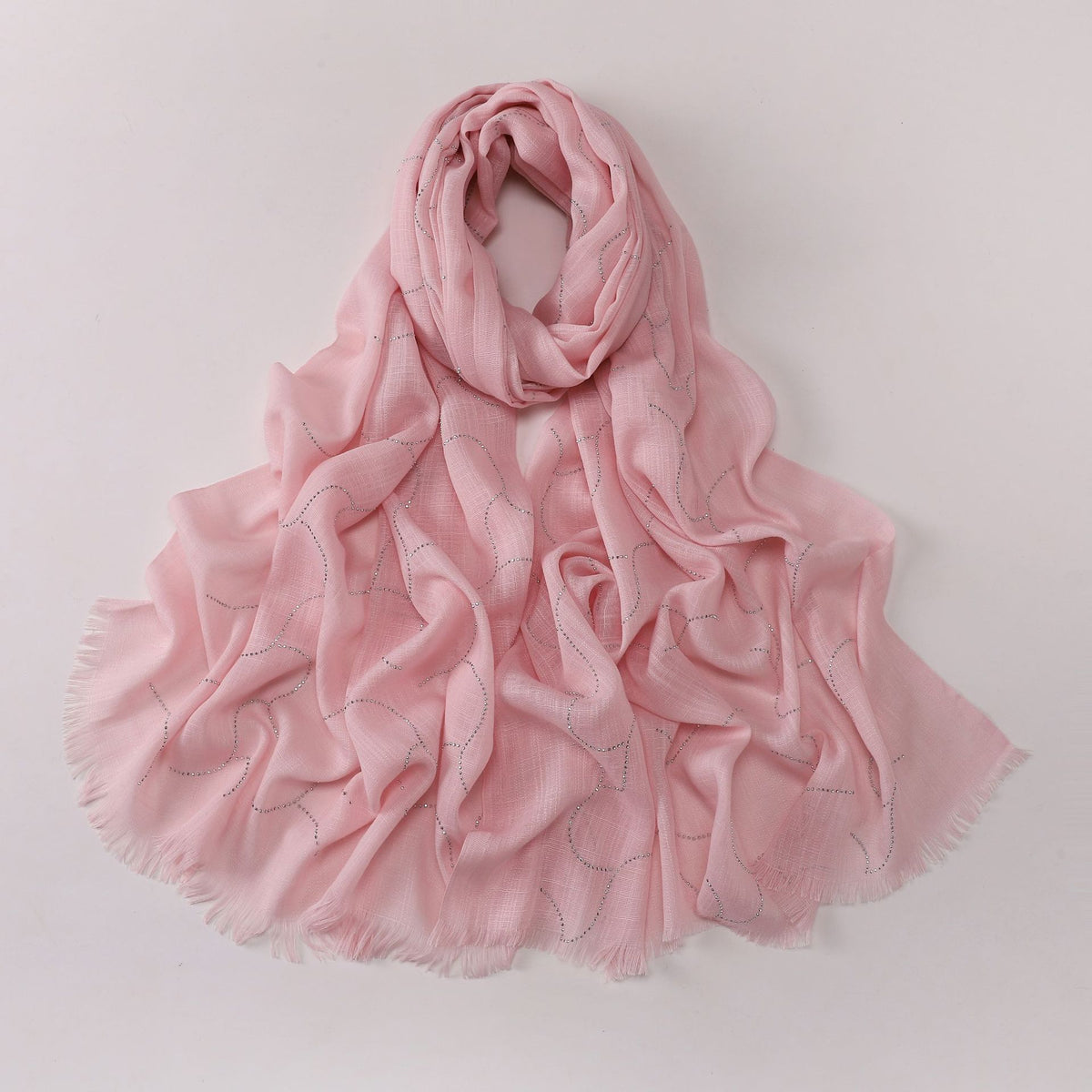 260602  Plain Soft Bamboo-Texture Yarn Short Fringe Hot-Fix Crystal Hijab