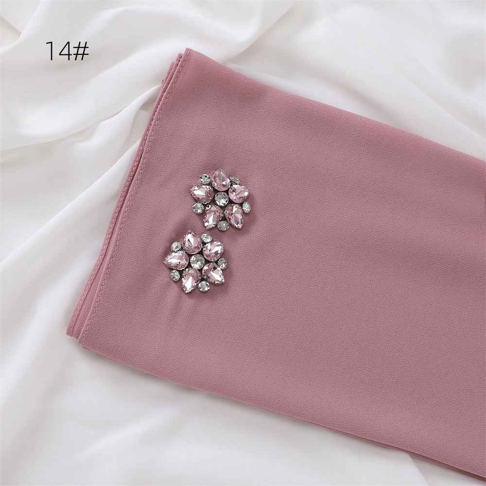 YZ133 Plain Pearl Chiffon Hijab with Hand-Set Crystals & Straight Hem