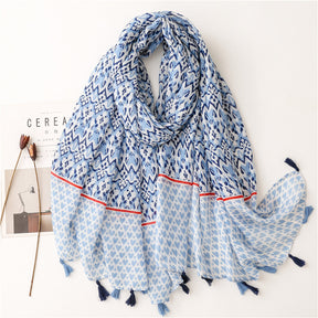 SL2202-009  Women's Ethnic Cotton Linen Feel Scarf with Wheat Ears Tassels
