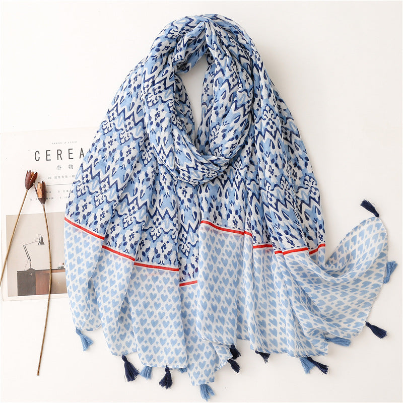SL2202-009  Women's Ethnic Cotton Linen Feel Scarf with Wheat Ears Tassels