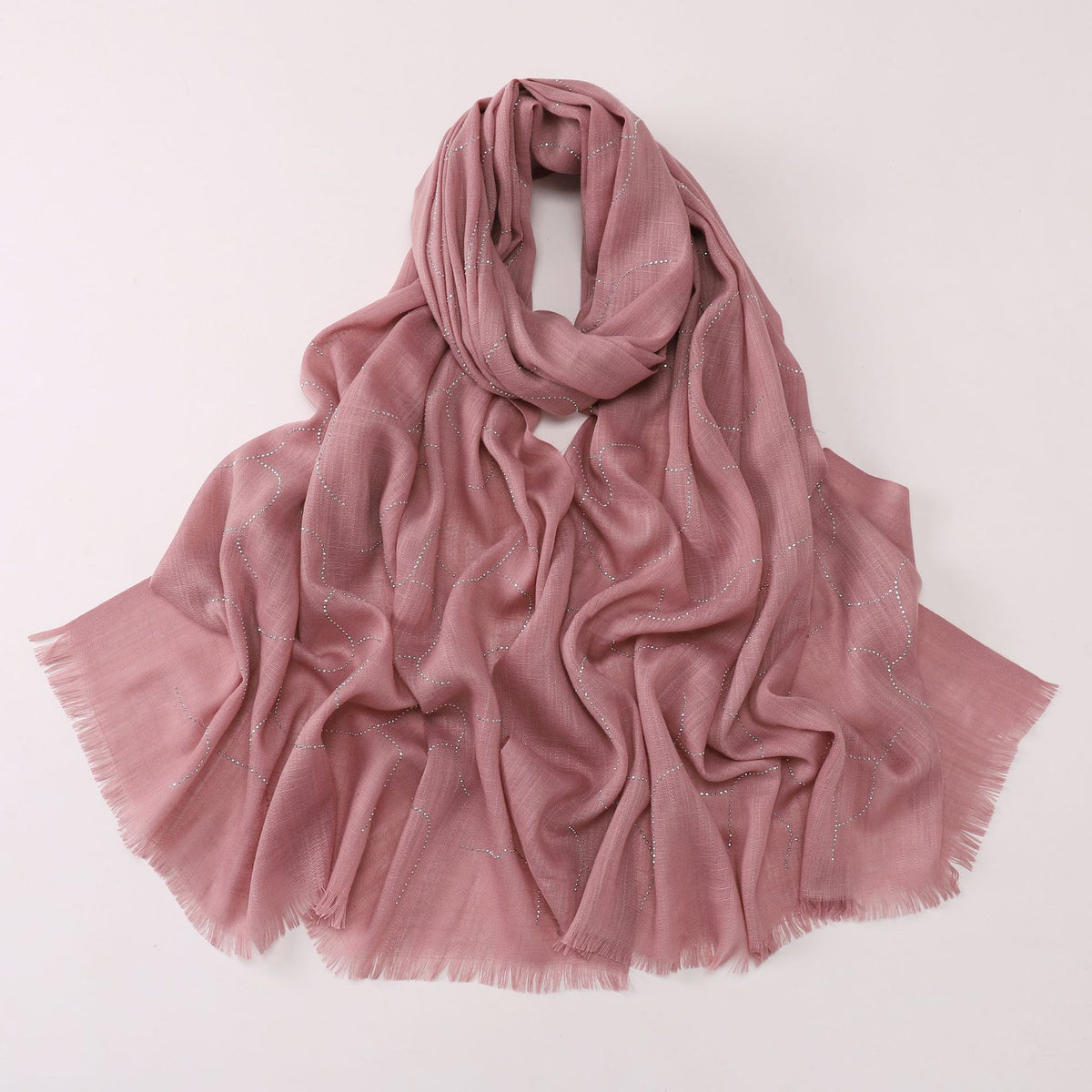 260602  Plain Soft Bamboo-Texture Yarn Short Fringe Hot-Fix Crystal Hijab