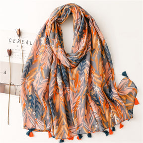 SL2202-009  Women's Ethnic Cotton Linen Feel Scarf with Wheat Ears Tassels
