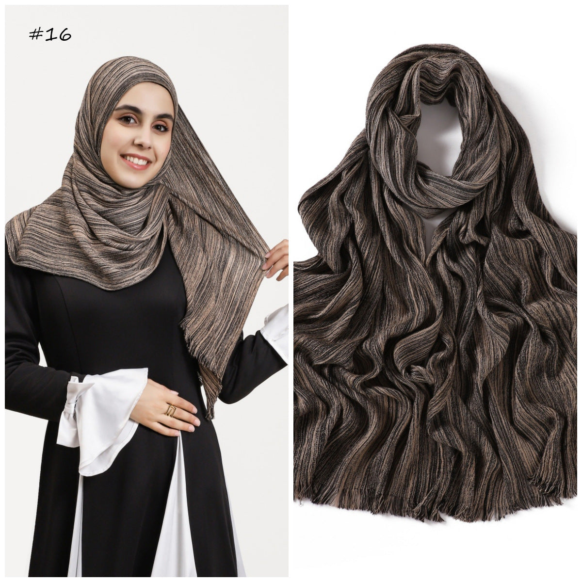 YZ319  Plain Vertical Stripe Modal Crinkle Fringe Hijab