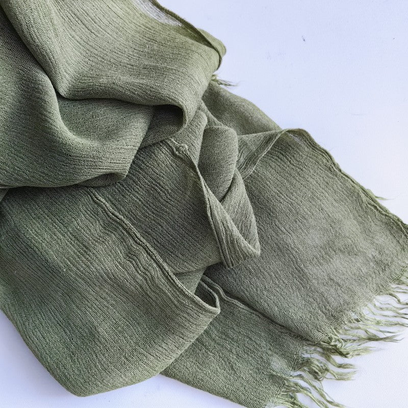 WJA79  Plain natural crinkle cotton hijab with fringes on both ends