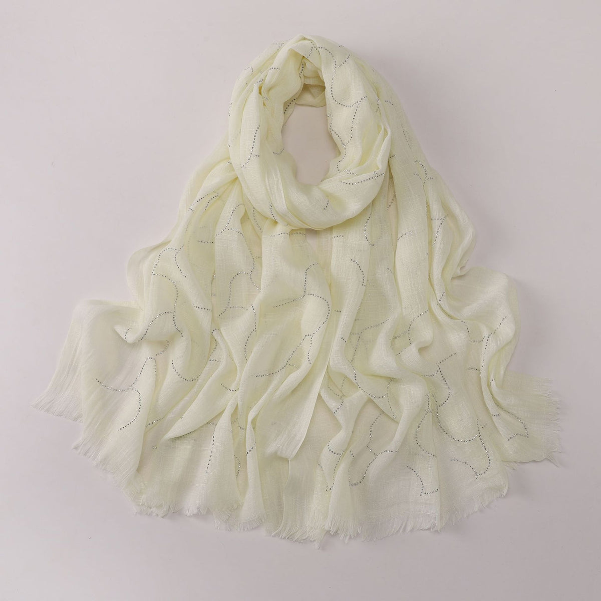 260602  Plain Soft Bamboo-Texture Yarn Short Fringe Hot-Fix Crystal Hijab