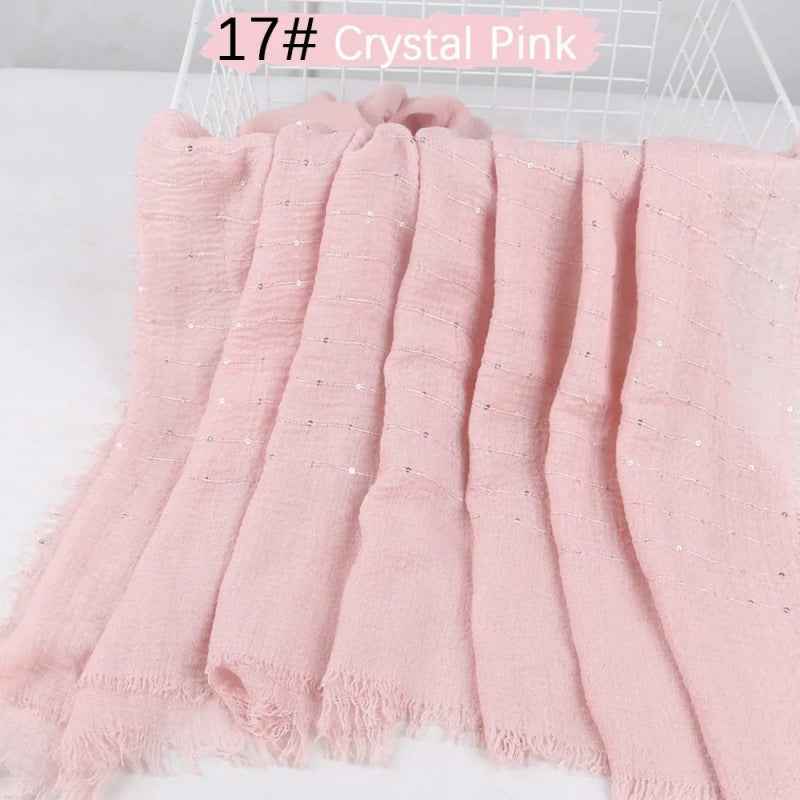 XUXU04  Plain Linen-Cotton Hijab with Raw Edge, Wrinkled Texture, and Sequins