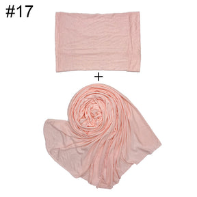 ND474  85*185cm Large Size Plain Mercerized Cotton Soft Jersey Hijab with Undercap Set