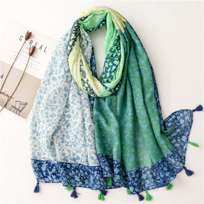 SL2202-009  Women's Ethnic Cotton Linen Feel Scarf with Wheat Ears Tassels