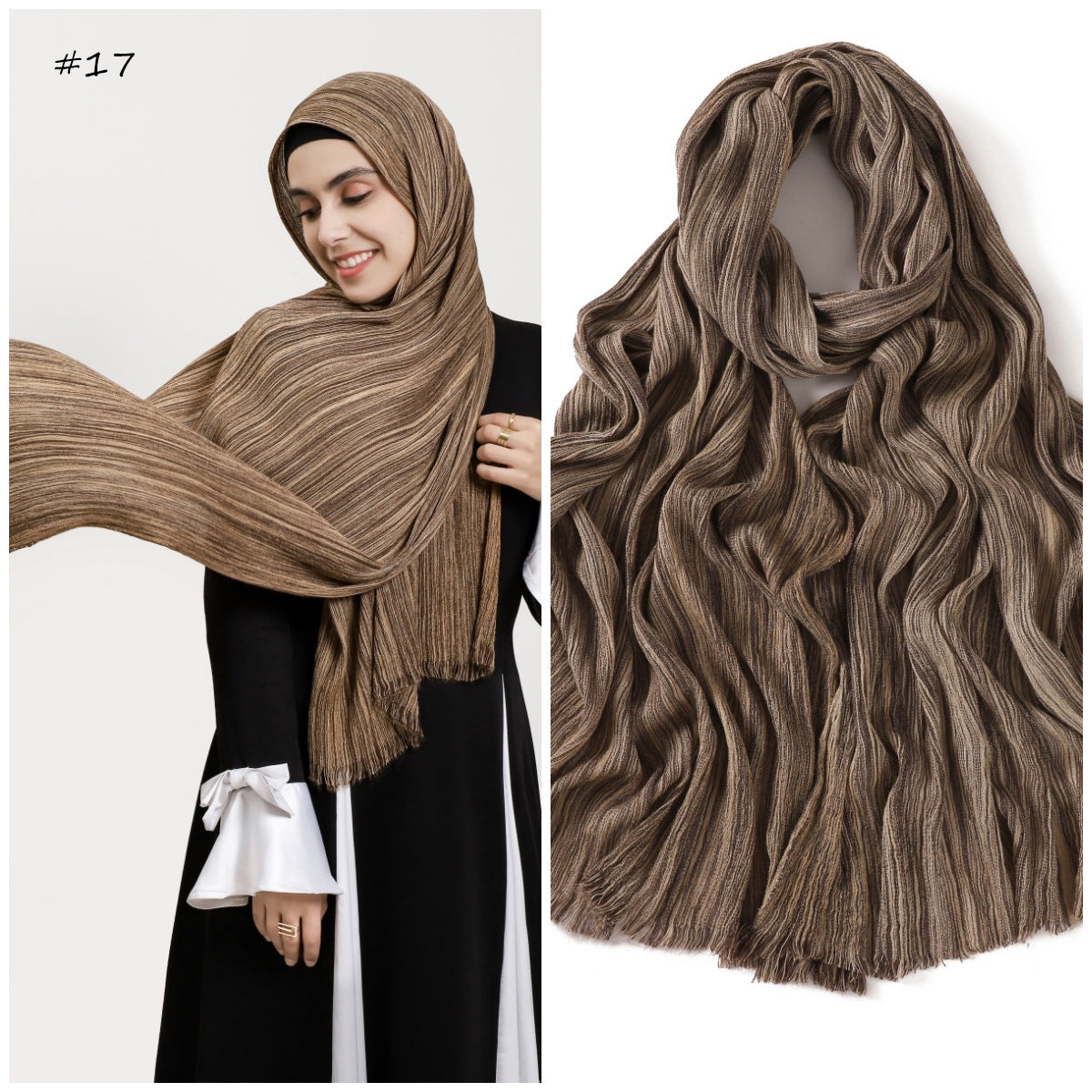 YZ319  Plain Vertical Stripe Modal Crinkle Fringe Hijab