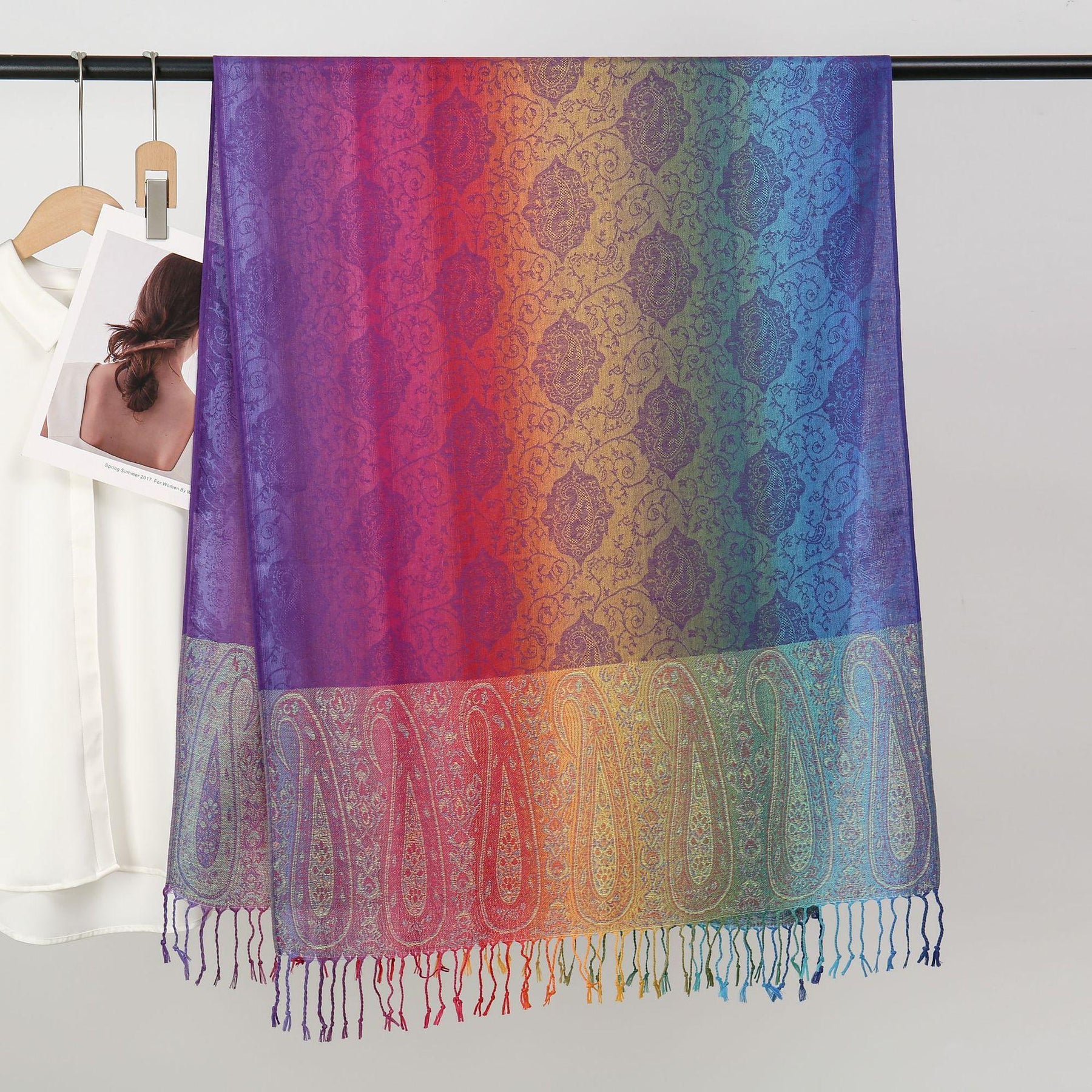 YF0438  Colorful Jacquard Soft Polyester Tassel Long Scarf