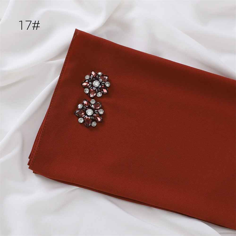 YZ133 Plain Pearl Chiffon Hijab with Hand-Set Crystals & Straight Hem