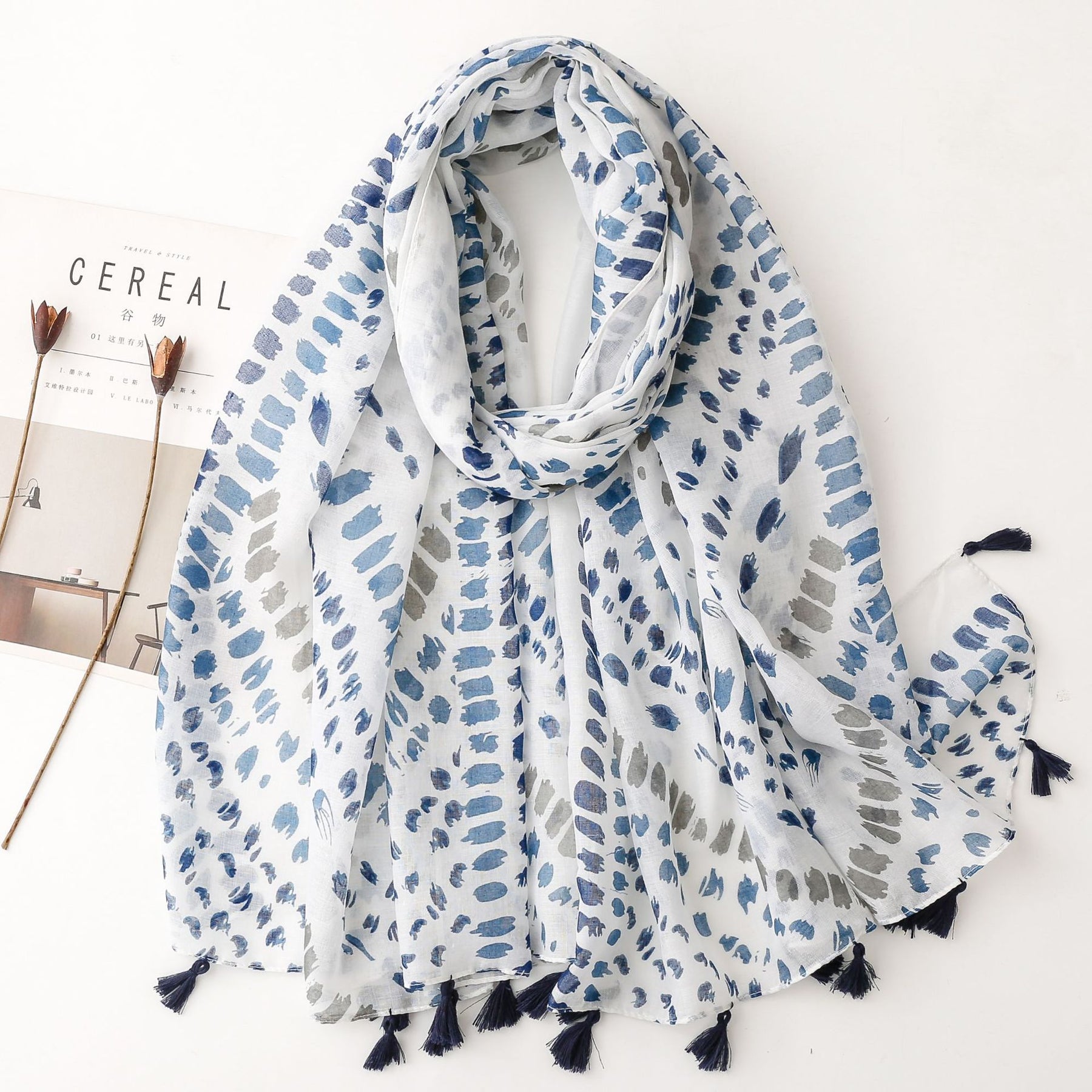 SL2202-009  Women's Ethnic Cotton Linen Feel Scarf with Wheat Ears Tassels