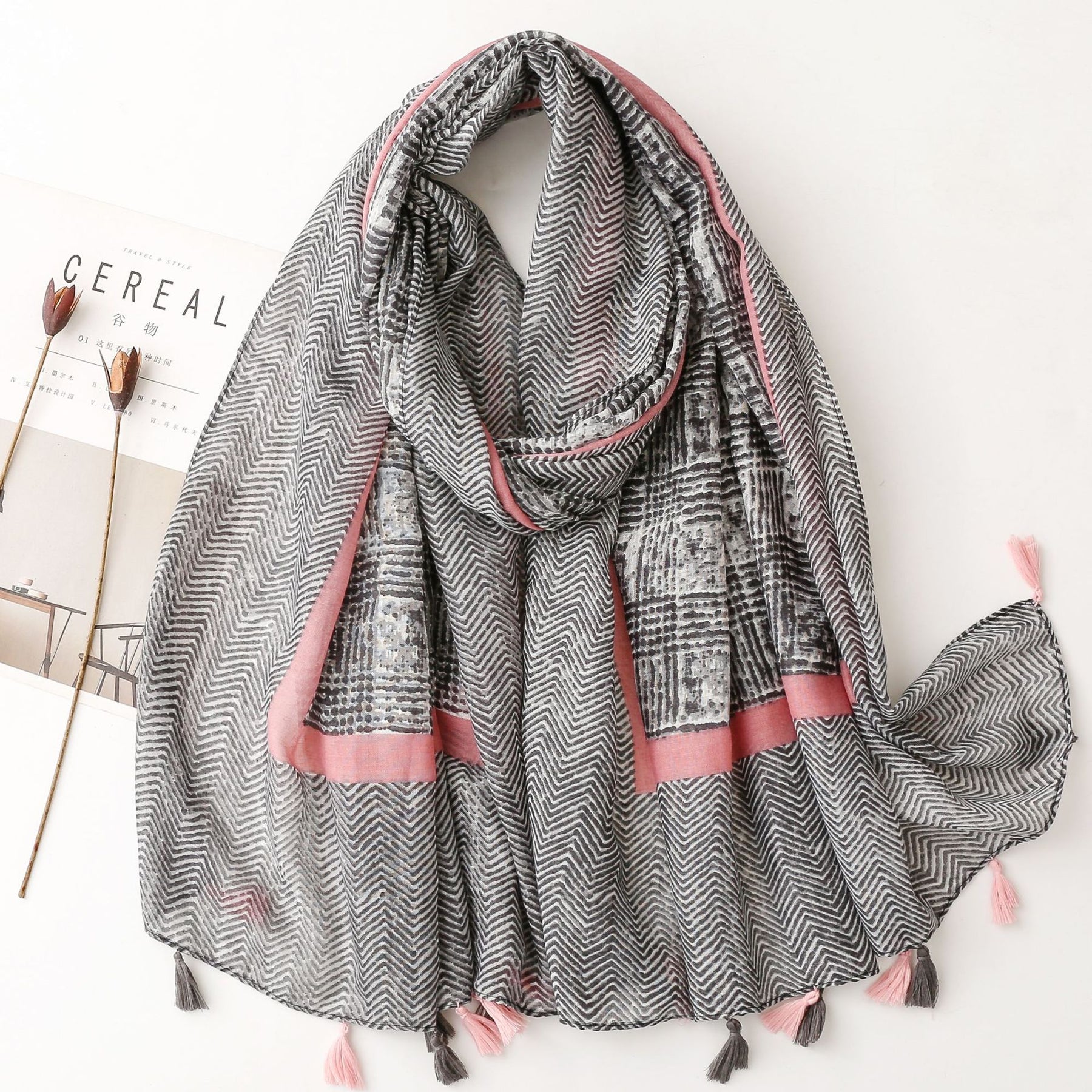 SL2202-009  Women's Ethnic Cotton Linen Feel Scarf with Wheat Ears Tassels