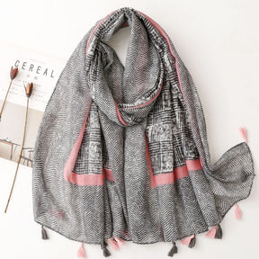 SL2202-009  Women's Ethnic Cotton Linen Feel Scarf with Wheat Ears Tassels