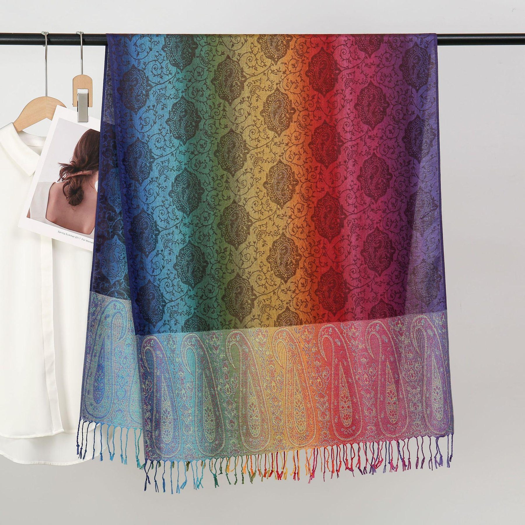 YF0438  Colorful Jacquard Soft Polyester Tassel Long Scarf
