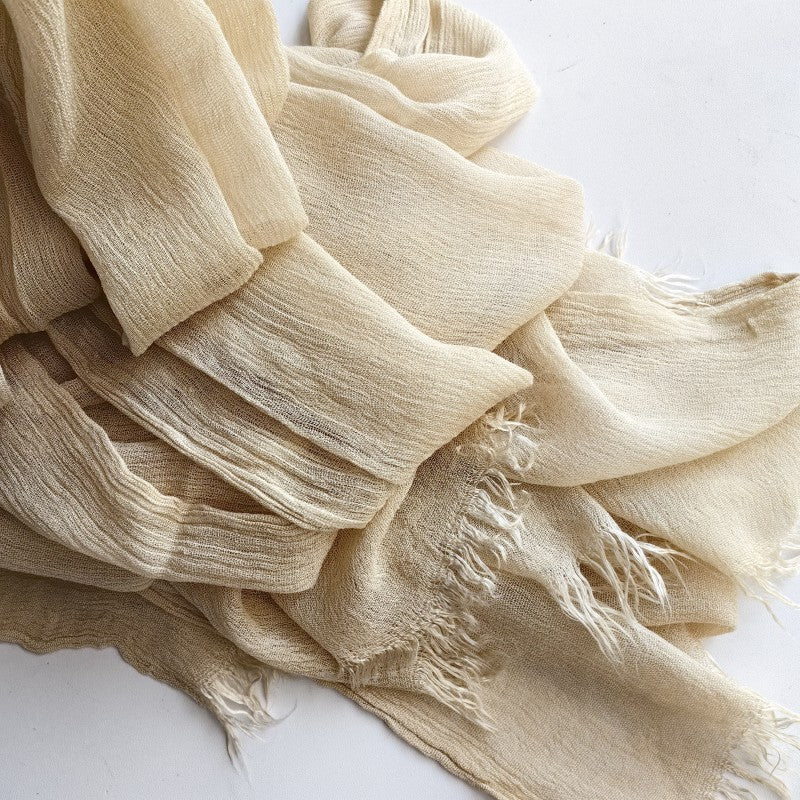 WJA79  Plain natural crinkle cotton hijab with fringes on both ends