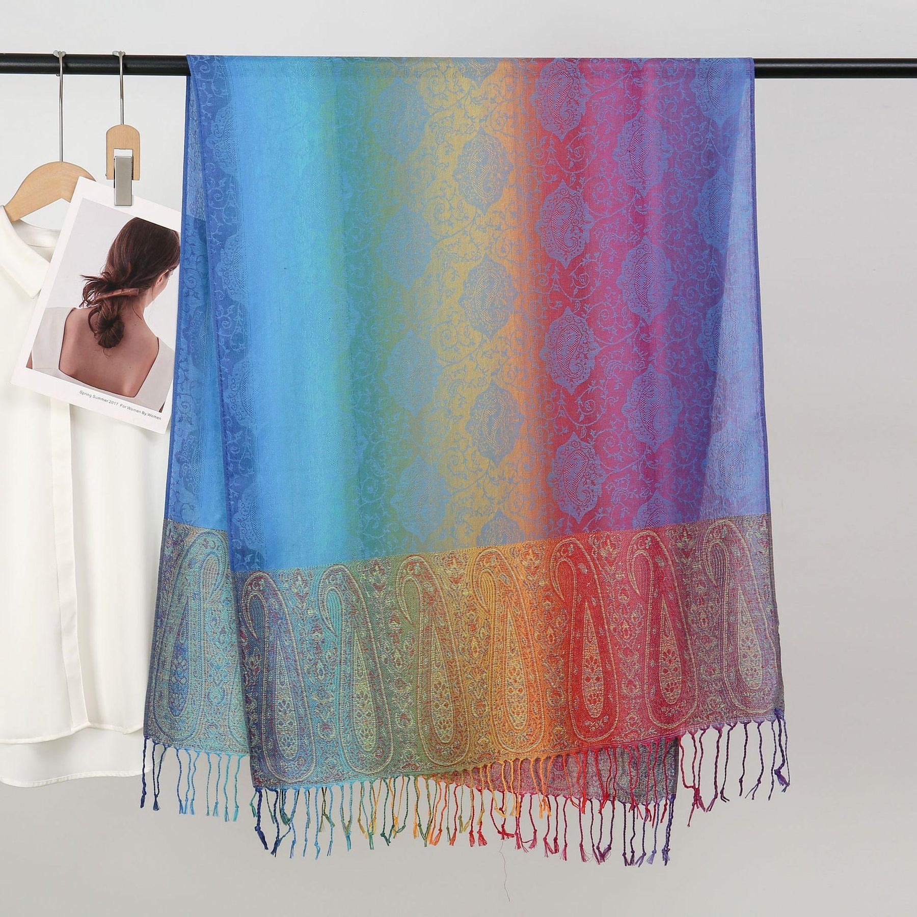 YF0438  Colorful Jacquard Soft Polyester Tassel Long Scarf