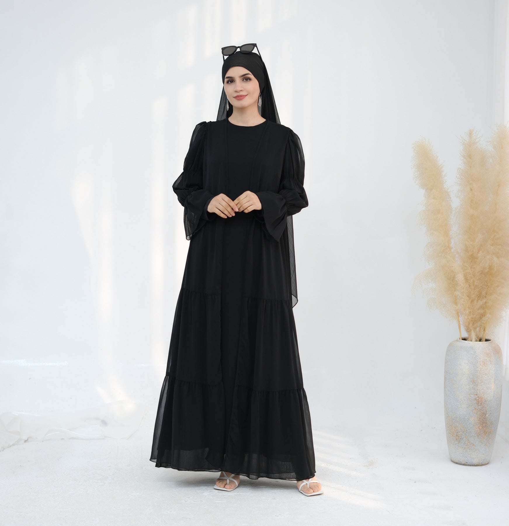 LR866+LR867   (abaya + hijab + underwear)Elegant Cardigan abaya