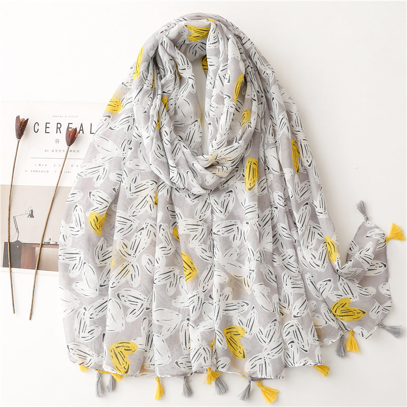 SL2202-009  Women's Ethnic Cotton Linen Feel Scarf with Wheat Ears Tassels