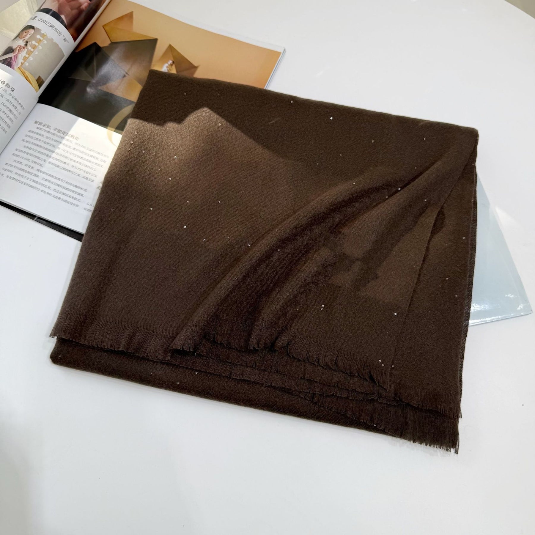 JM001  Plain Starry Hotfix Rhinestone Polyester Tassel Scarf