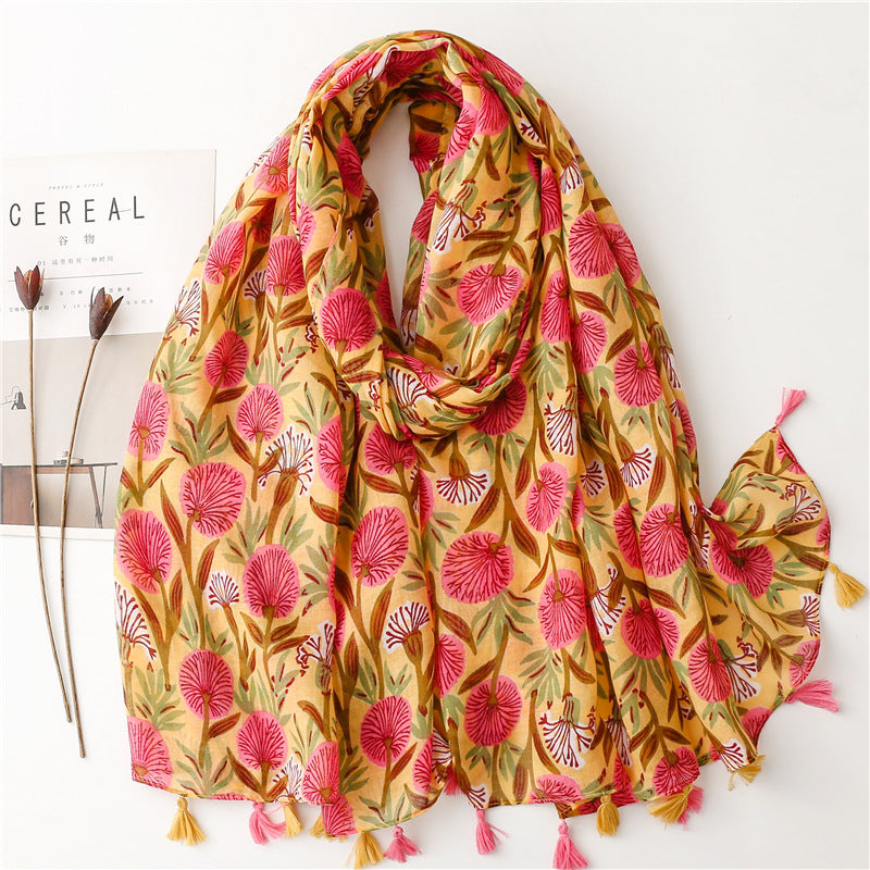 SL2202-009  Women's Ethnic Cotton Linen Feel Scarf with Wheat Ears Tassels