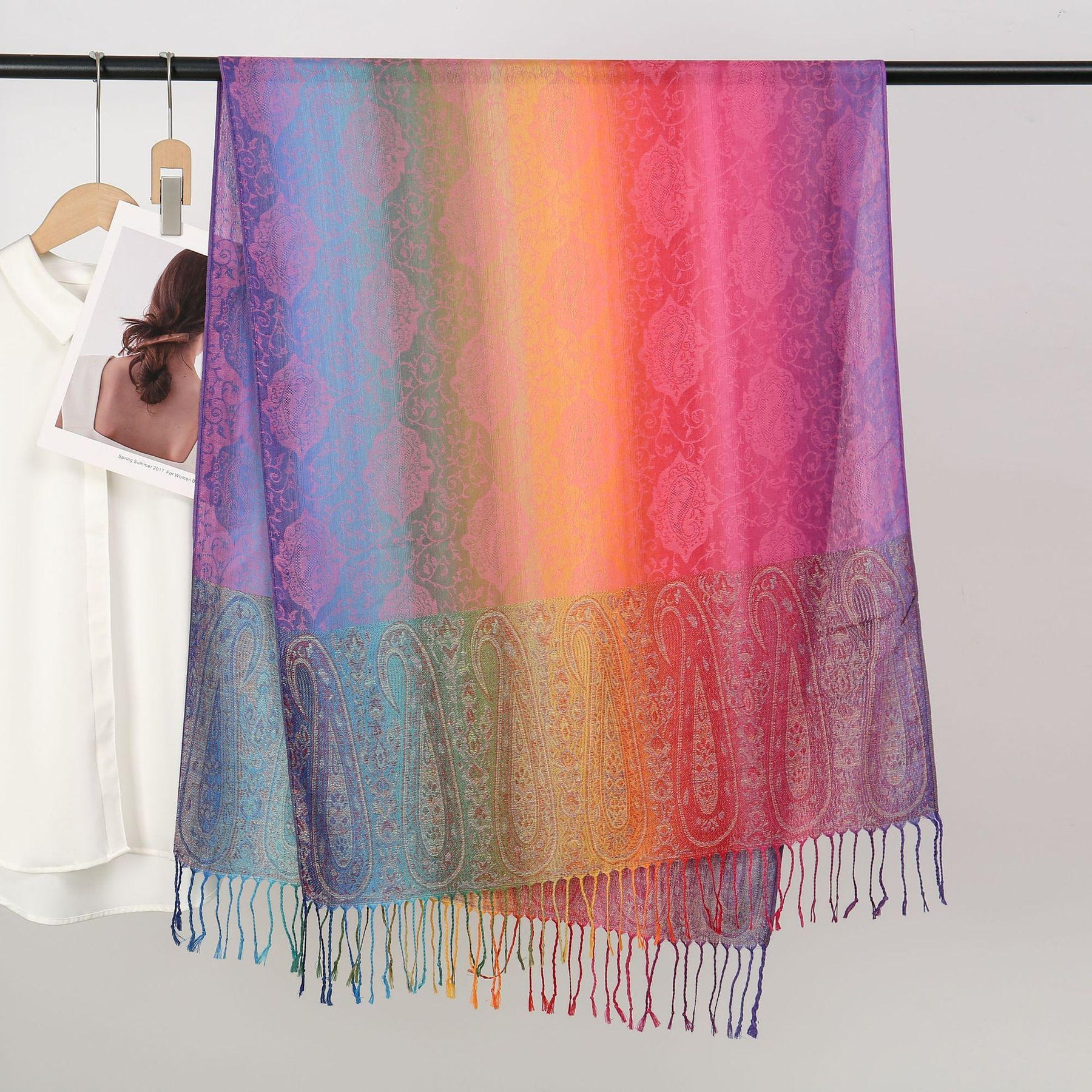 YF0438  Colorful Jacquard Soft Polyester Tassel Long Scarf