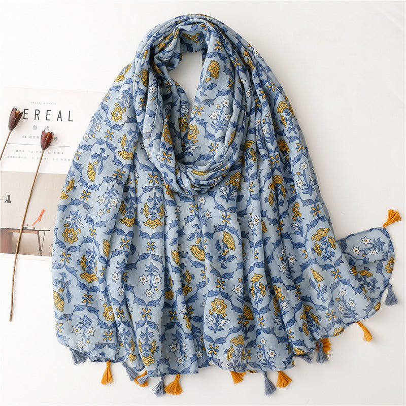 SL2202-009  Women's Ethnic Cotton Linen Feel Scarf with Wheat Ears Tassels