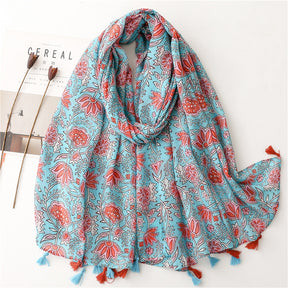 SL2202-009  Women's Ethnic Cotton Linen Feel Scarf with Wheat Ears Tassels