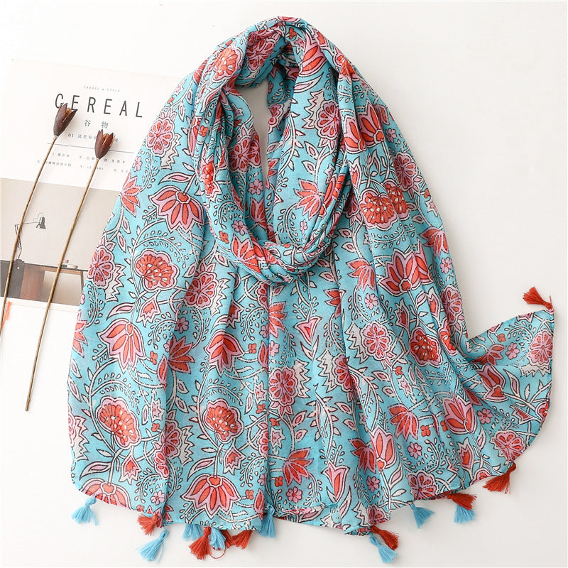SL2202-009  Women's Ethnic Cotton Linen Feel Scarf with Wheat Ears Tassels