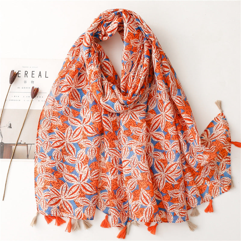 SL2202-009  Women's Ethnic Cotton Linen Feel Scarf with Wheat Ears Tassels