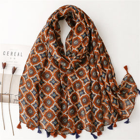 SL2202-009  Women's Ethnic Cotton Linen Feel Scarf with Wheat Ears Tassels