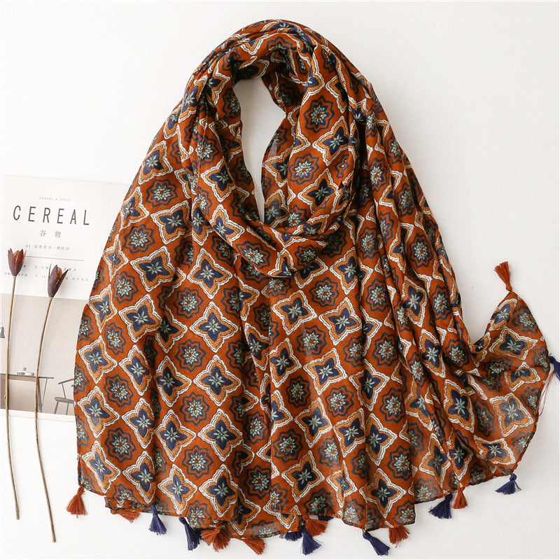SL2202-009  Women's Ethnic Cotton Linen Feel Scarf with Wheat Ears Tassels