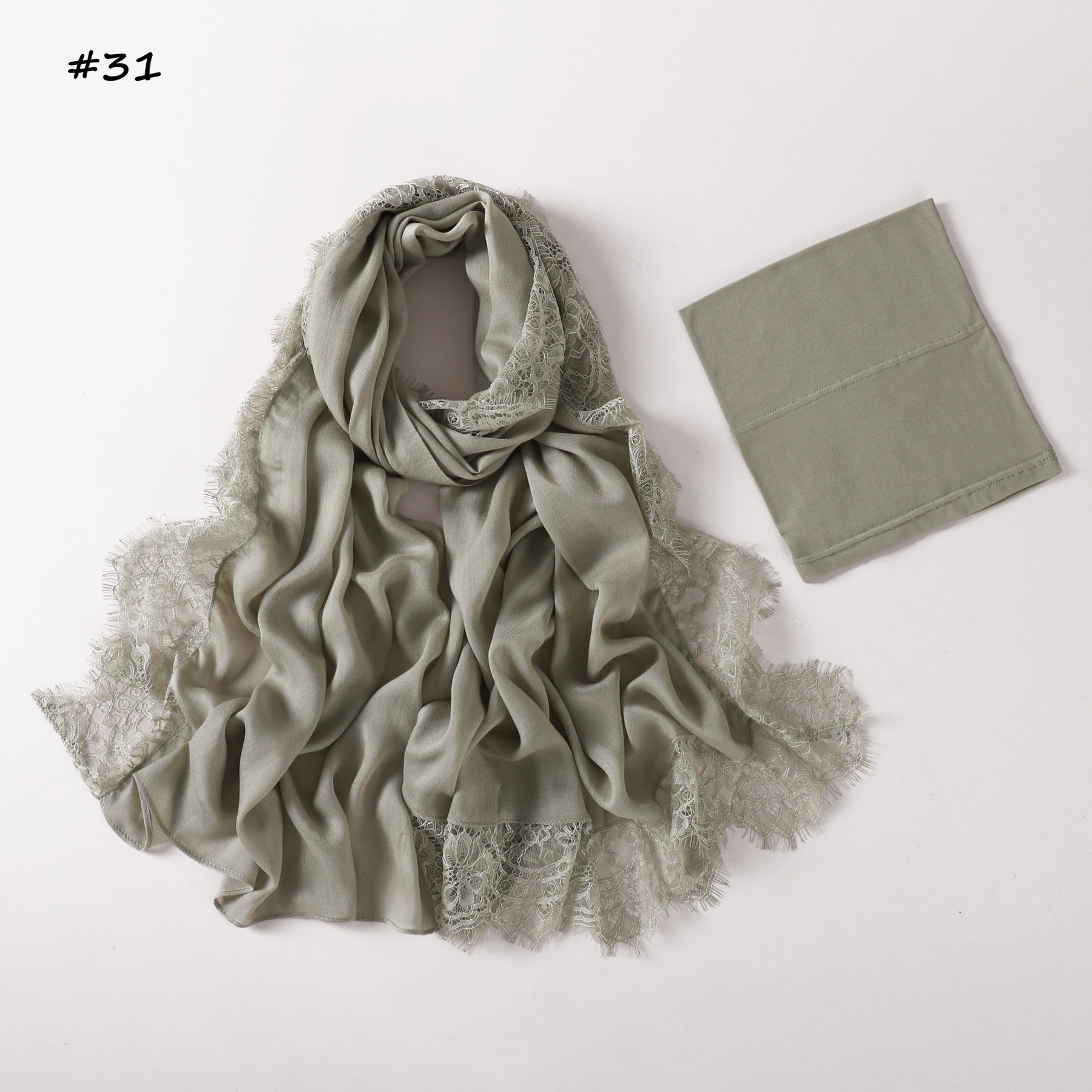 YZ347  Plain Modal Lace Hijab + Mercerized Cotton Tube Cap Set