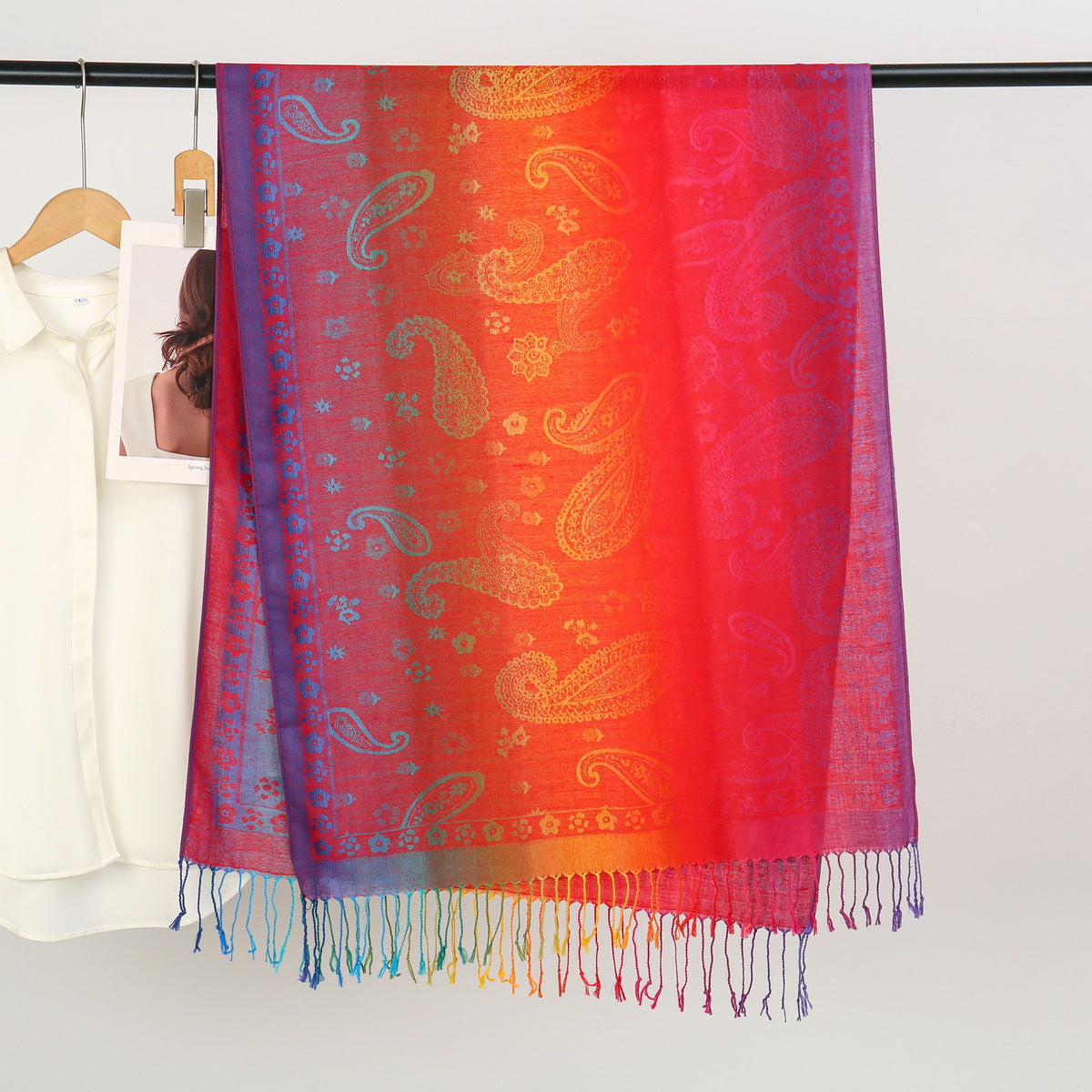 YF0438  Colorful Jacquard Soft Polyester Tassel Long Scarf