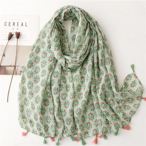 SL2202-009  Women's Ethnic Cotton Linen Feel Scarf with Wheat Ears Tassels