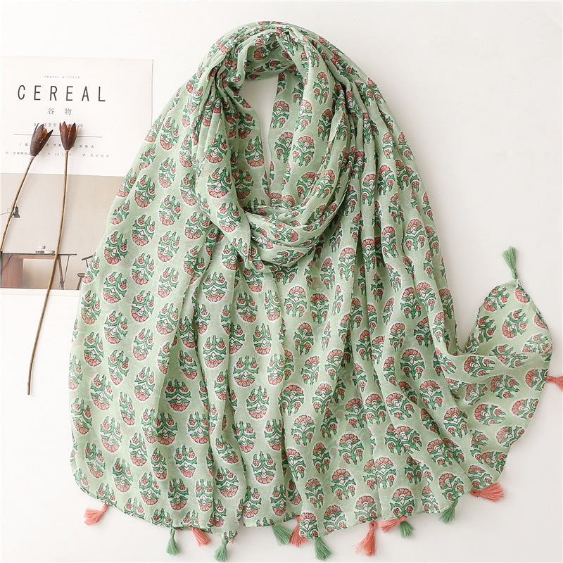 SL2202-009  Women's Ethnic Cotton Linen Feel Scarf with Wheat Ears Tassels