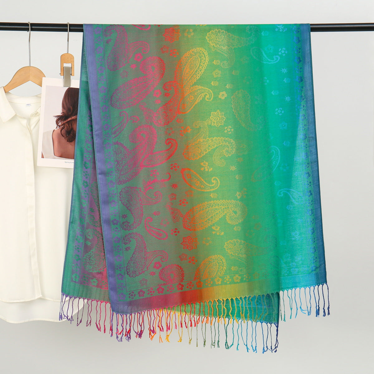 YF0438  Colorful Jacquard Soft Polyester Tassel Long Scarf