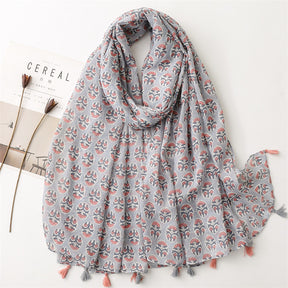 SL2202-009  Women's Ethnic Cotton Linen Feel Scarf with Wheat Ears Tassels