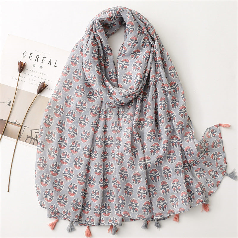 SL2202-009  Women's Ethnic Cotton Linen Feel Scarf with Wheat Ears Tassels