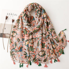 SL2202-009  Women's Ethnic Cotton Linen Feel Scarf with Wheat Ears Tassels