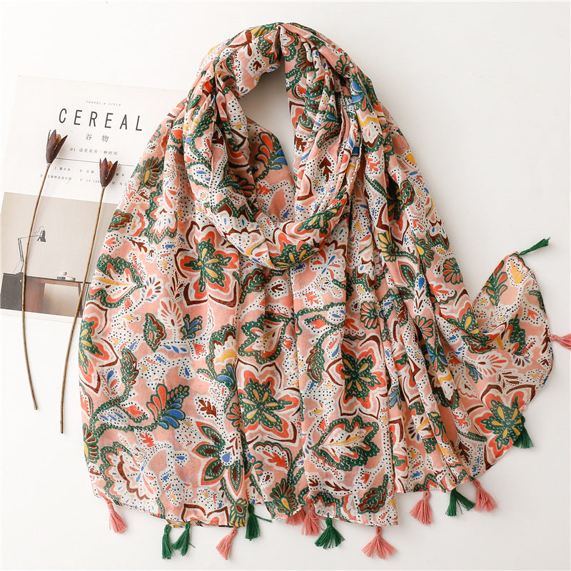 SL2202-009  Women's Ethnic Cotton Linen Feel Scarf with Wheat Ears Tassels