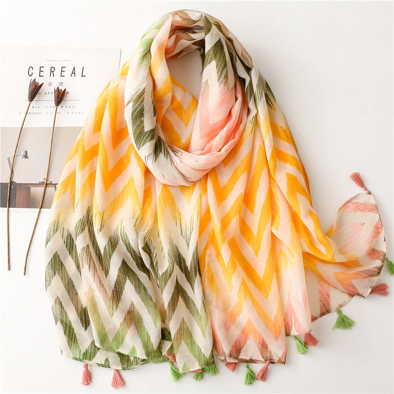 SL2202-009  Women's Ethnic Cotton Linen Feel Scarf with Wheat Ears Tassels