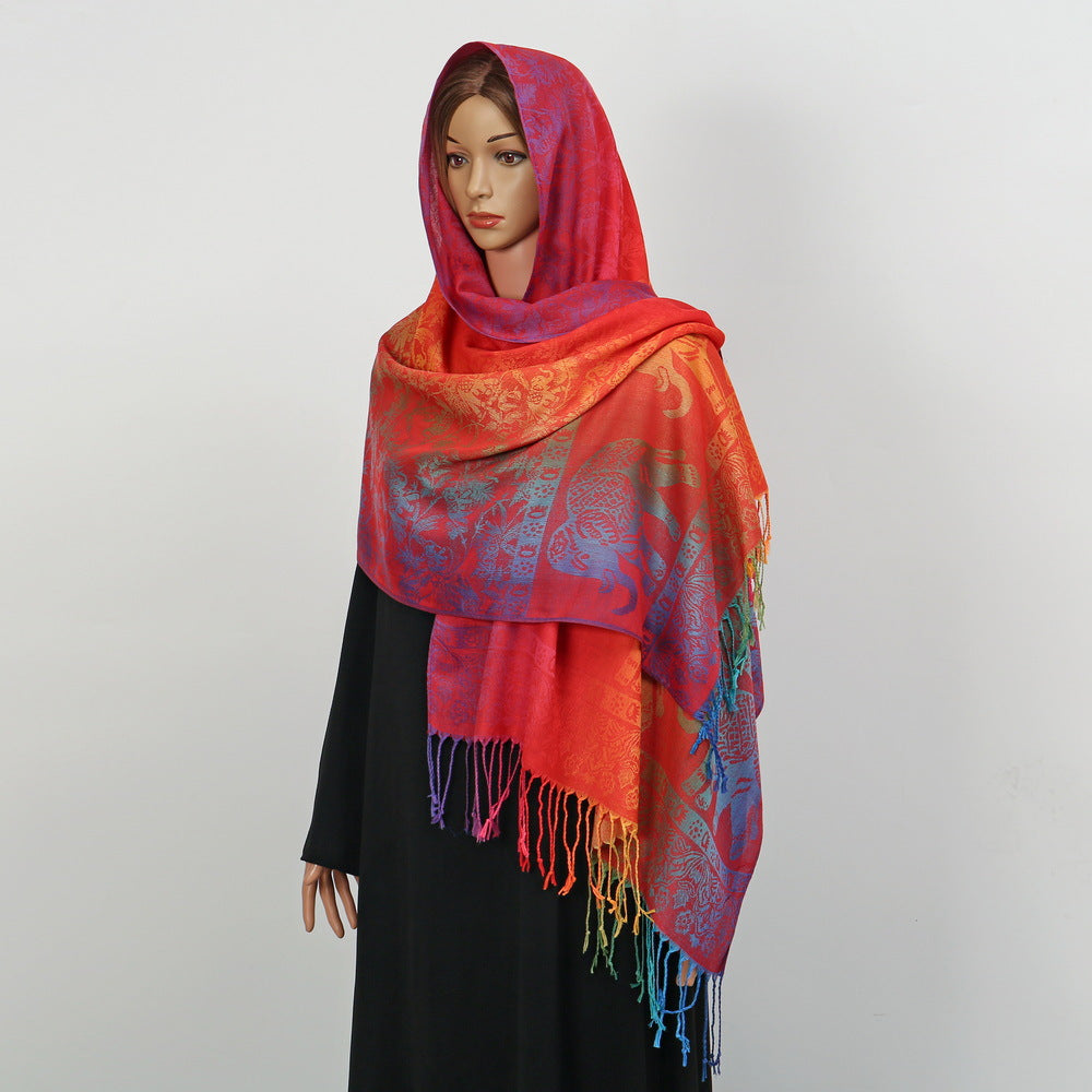 YF0438  Colorful Jacquard Soft Polyester Tassel Long Scarf