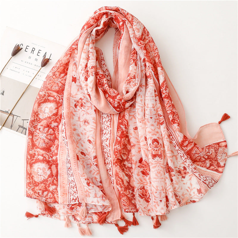 SL2202-009  Women's Ethnic Cotton Linen Feel Scarf with Wheat Ears Tassels