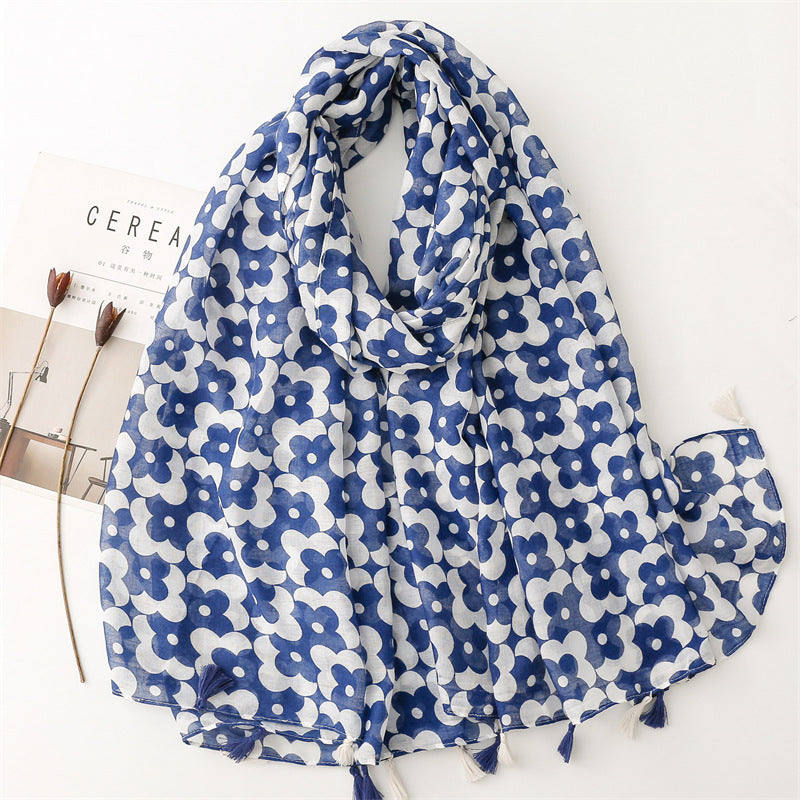 SL2202-009  Women's Ethnic Cotton Linen Feel Scarf with Wheat Ears Tassels