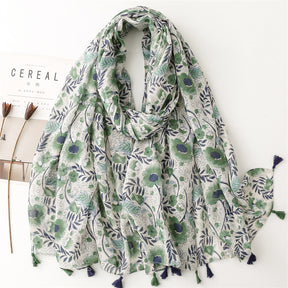 SL2202-009  Women's Ethnic Cotton Linen Feel Scarf with Wheat Ears Tassels