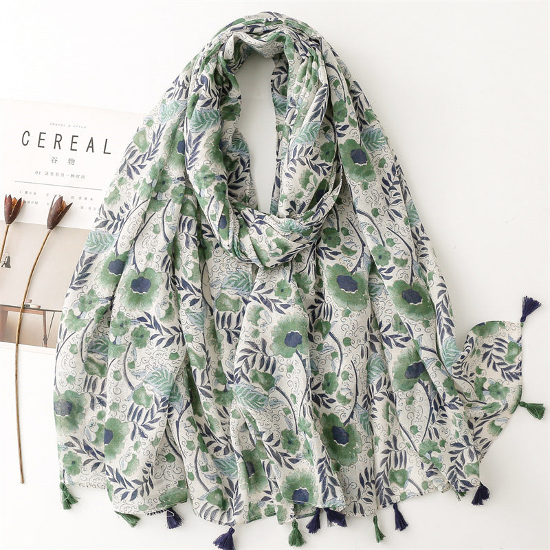 SL2202-009  Women's Ethnic Cotton Linen Feel Scarf with Wheat Ears Tassels