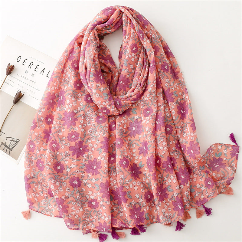 SL2202-009  Women's Ethnic Cotton Linen Feel Scarf with Wheat Ears Tassels