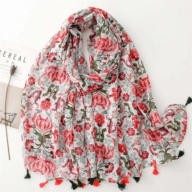 SL2202-009  Women's Ethnic Cotton Linen Feel Scarf with Wheat Ears Tassels
